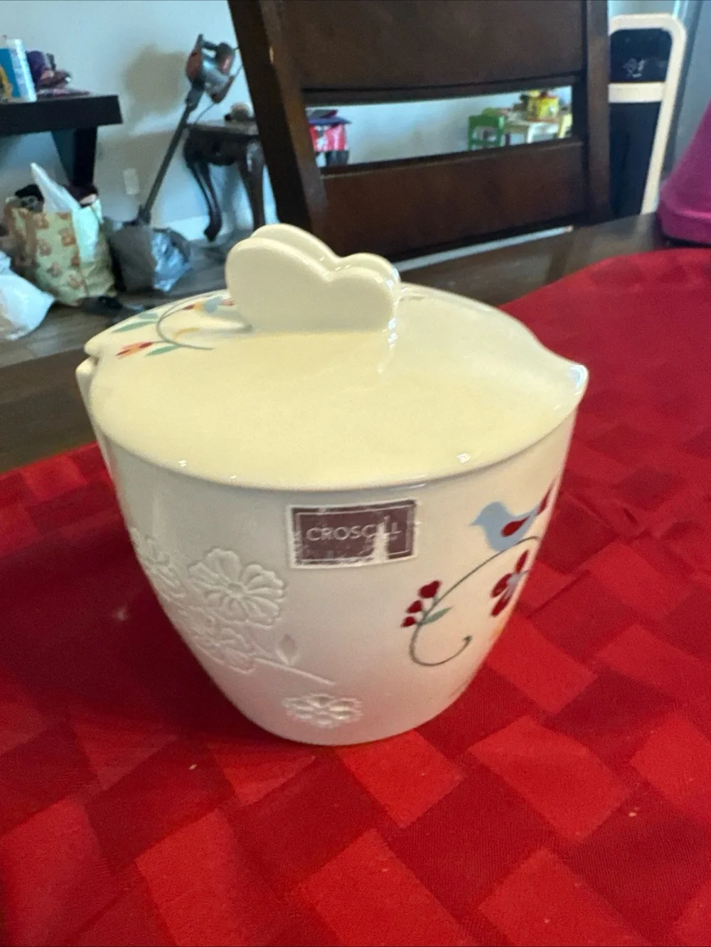 Croscill butterfly Top Ceramic Canister with Bird Motif - White & Red